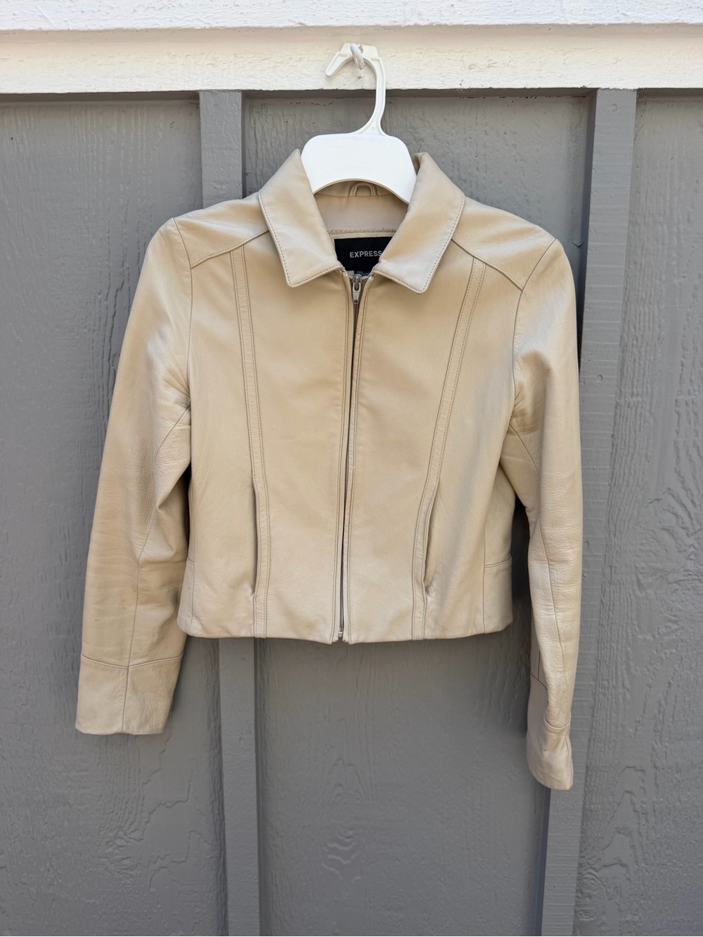 Vintage Express Women's Size 3/4 Small Beige Tan Leather Cropped Zip Moto Jacket